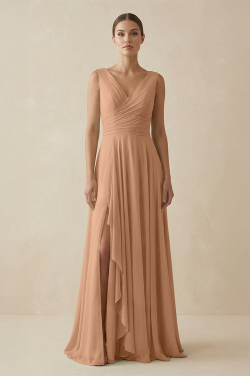 V - Neck A - Line Chiffon Ruffled Bridesmaid Dress in Bronzer - KISS BRIDAL Bridesmaid Dresses
