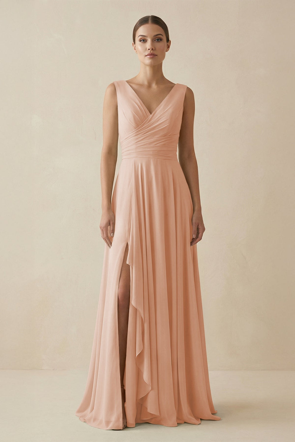 V-Neck A-Line Chiffon Ruffled Bridesmaid Dress in Champagne Rose