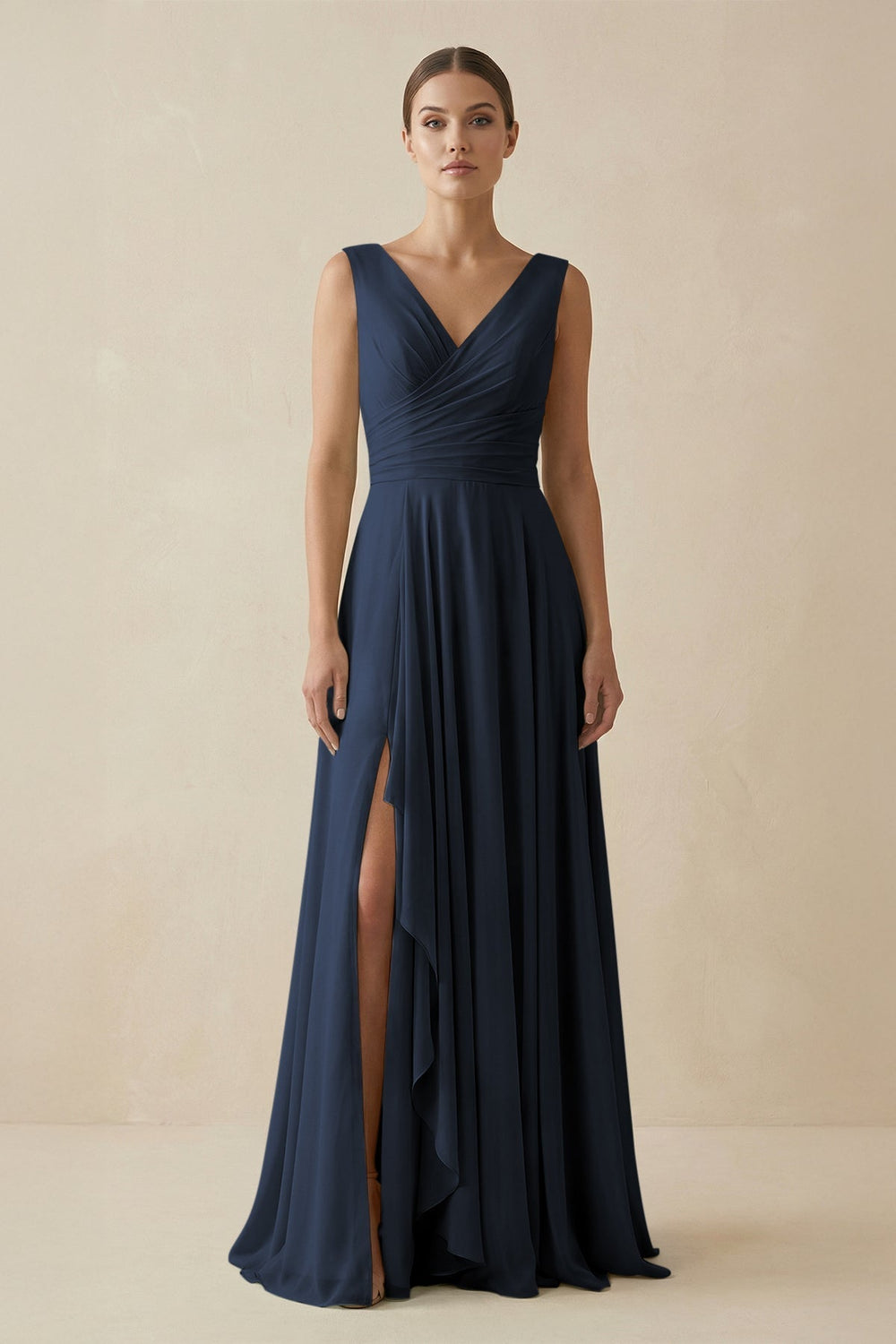 V-Neck A-Line Chiffon Ruffled Bridesmaid Dress in Dark Navy