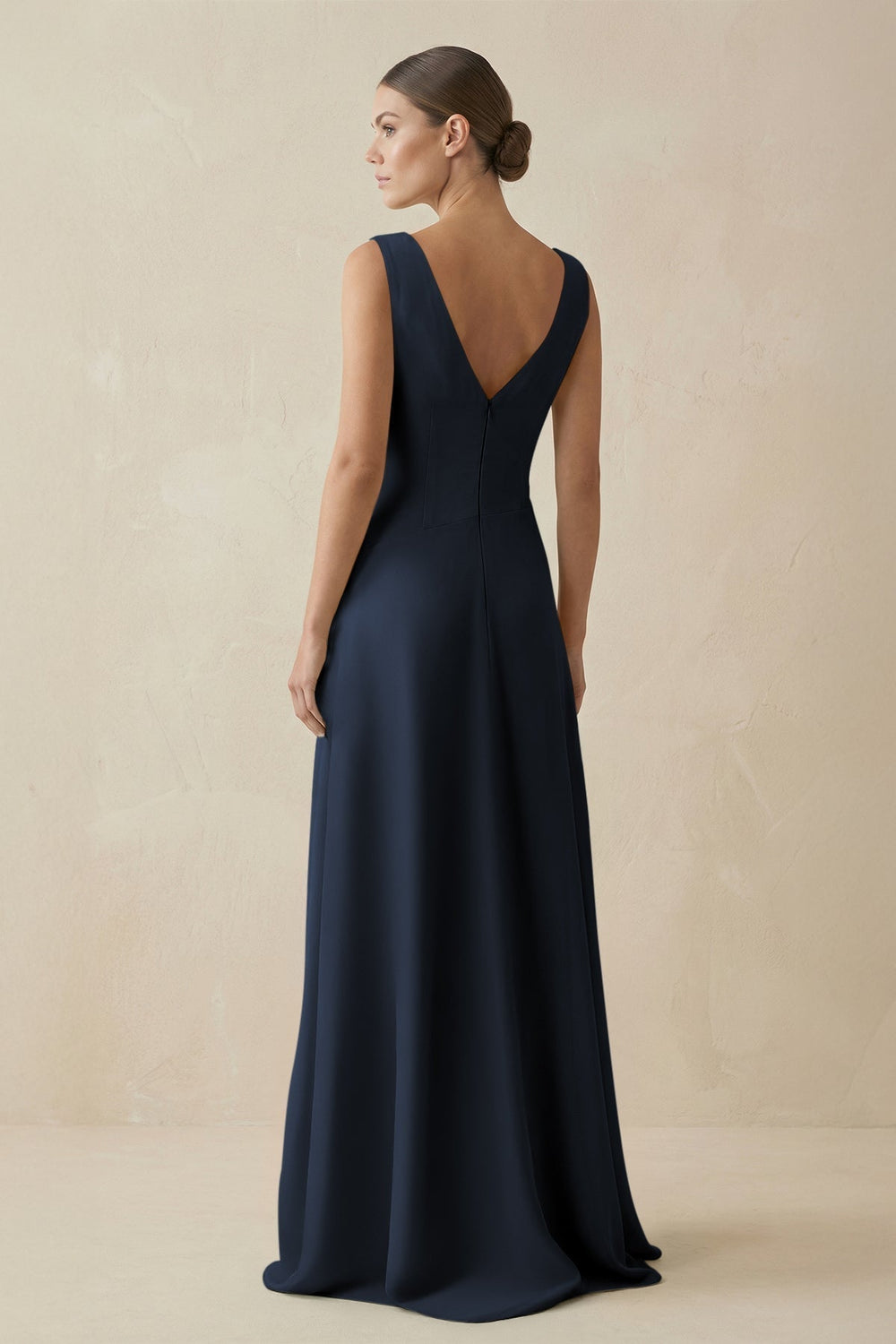 V-Neck A-Line Chiffon Ruffled Bridesmaid Dress in Dark Navy
