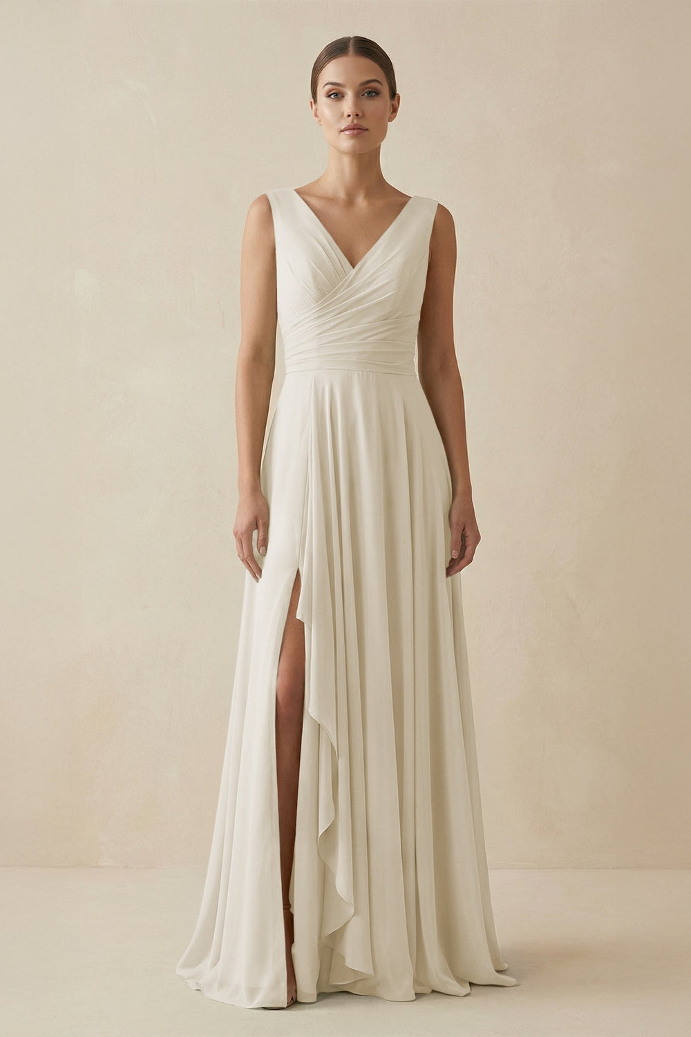 V-Neck A-Line Chiffon Ruffled Bridesmaid Dress in Dove Gray