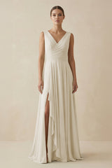 V - Neck A - Line Chiffon Ruffled Bridesmaid Dress in Dove Gray - KISS BRIDAL Bridesmaid Dresses