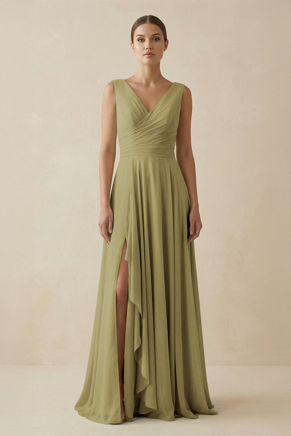 V-Neck A-Line Chiffon Ruffled Bridesmaid Dress in Moss Green