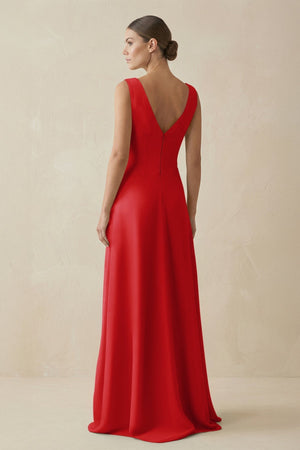 V - Neck A - Line Chiffon Ruffled Bridesmaid Dress in Ruby Red - KISS BRIDAL Bridesmaid Dresses