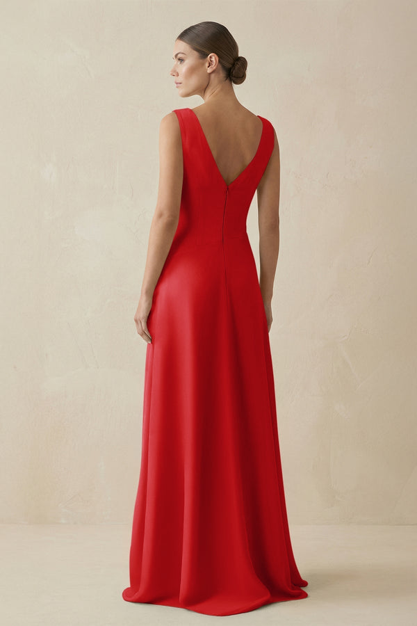 V - Neck A - Line Chiffon Ruffled Bridesmaid Dress in Ruby Red - KISS BRIDAL Bridesmaid Dresses