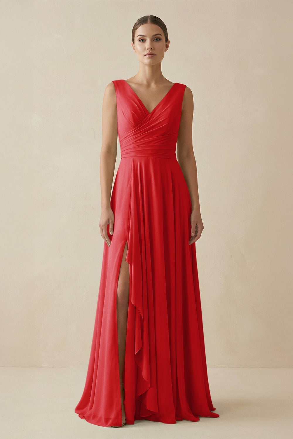 V-Neck A-Line Chiffon Ruffled Bridesmaid Dress in Ruby Red
