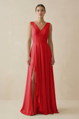 V - Neck A - Line Chiffon Ruffled Bridesmaid Dress in Ruby Red - KISS BRIDAL Bridesmaid Dresses