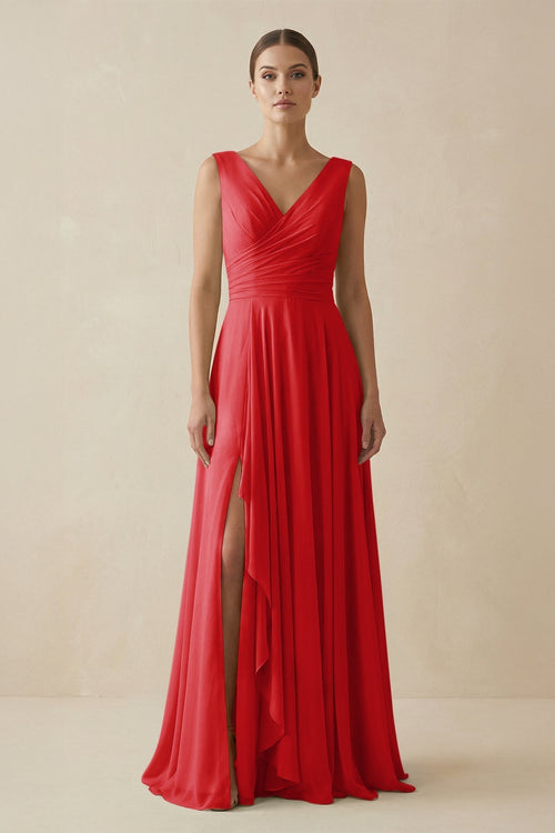 V - Neck A - Line Chiffon Ruffled Bridesmaid Dress in Ruby Red - KISS BRIDAL Bridesmaid Dresses