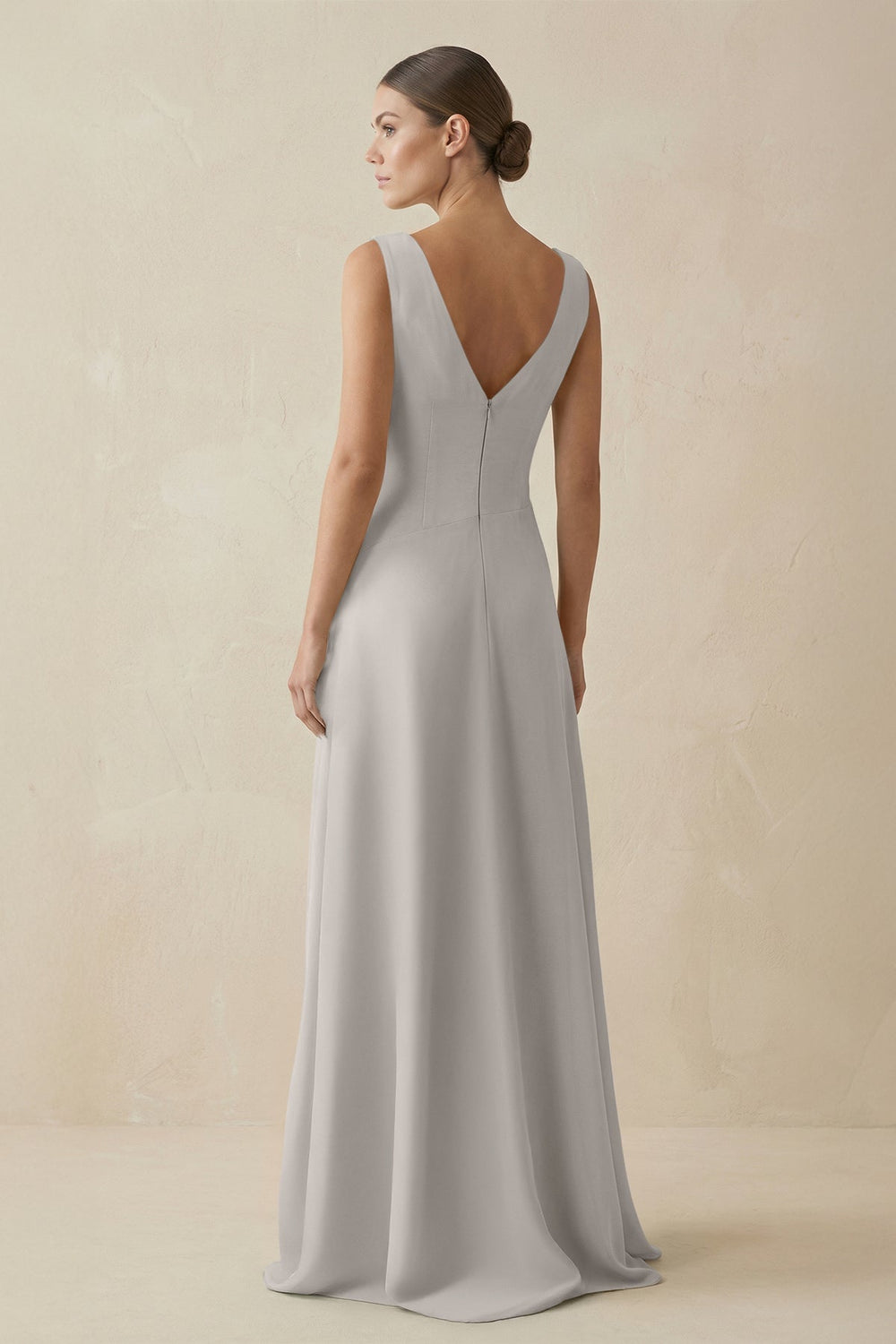 V-Neck A-Line Chiffon Ruffled Bridesmaid Dress in Silver