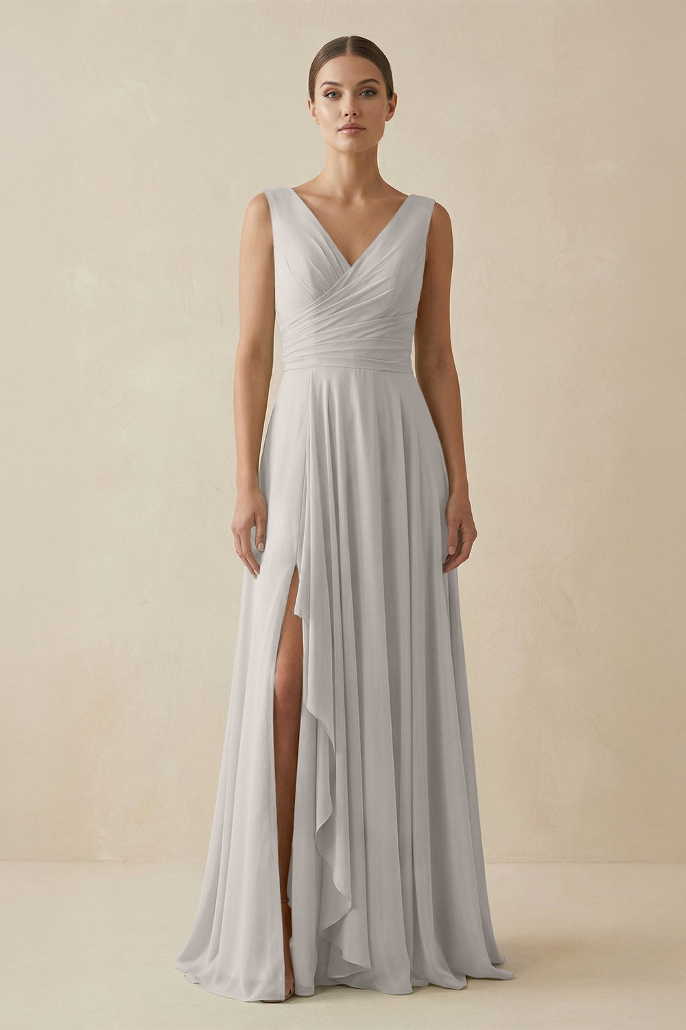 V-Neck A-Line Chiffon Ruffled Bridesmaid Dress in Silver