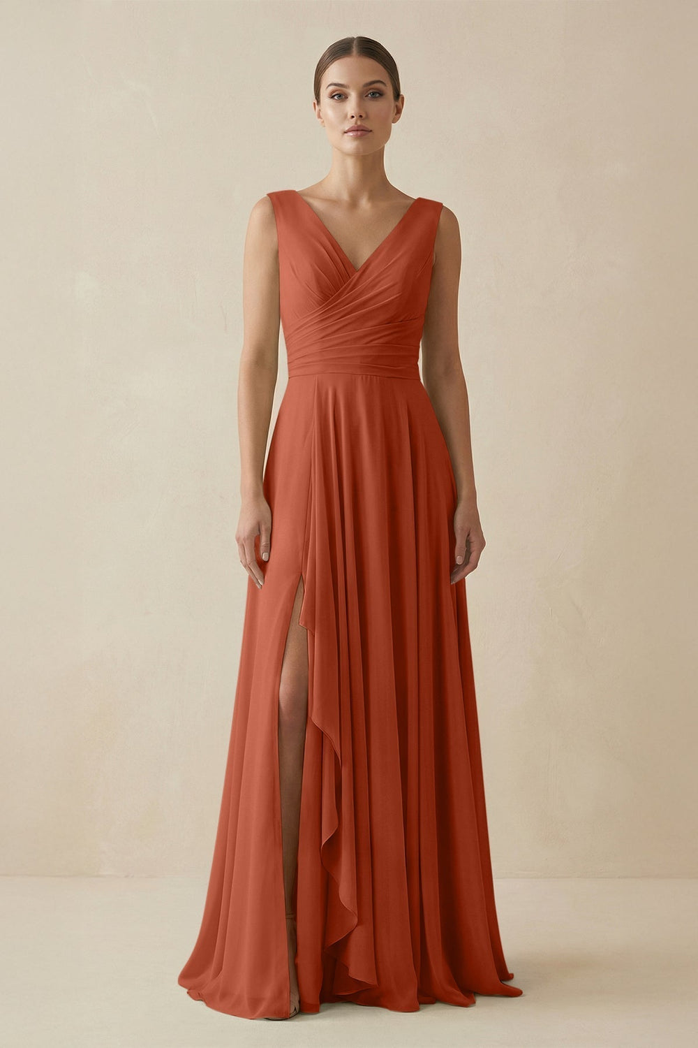 V-Neck A-Line Chiffon Ruffled Bridesmaid Dress in Spice