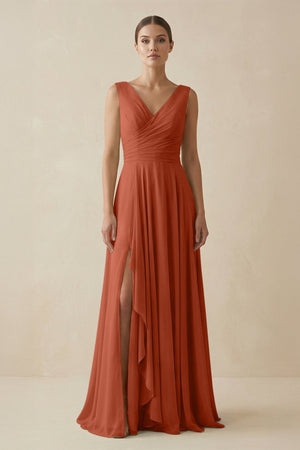 V - Neck A - Line Chiffon Ruffled Bridesmaid Dress in Spice - KISS BRIDAL Bridesmaid Dresses