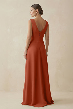 V - Neck A - Line Chiffon Ruffled Bridesmaid Dress in Spice - KISS BRIDAL Bridesmaid Dresses