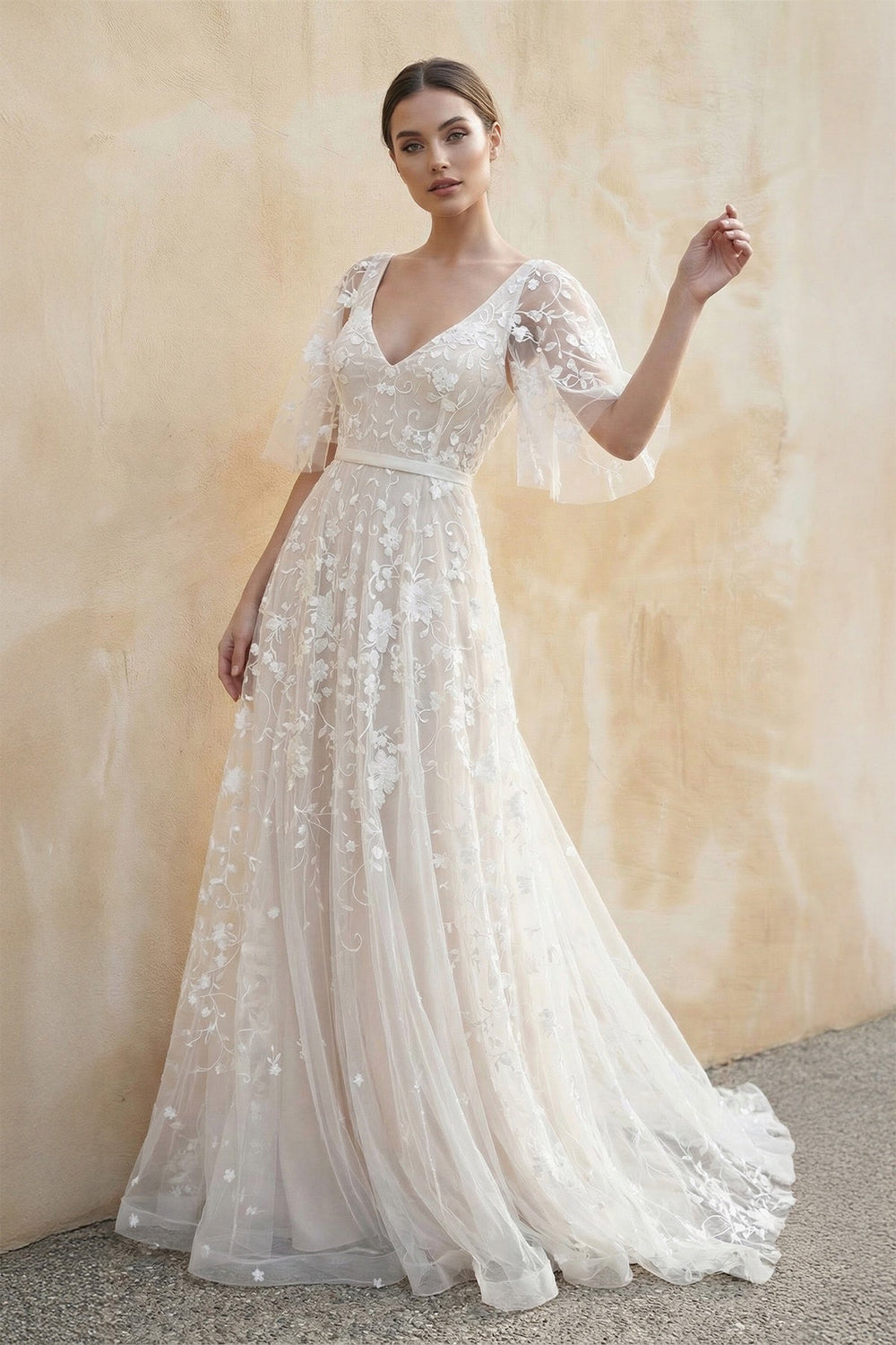 V Neck A Line Lace Wedding Dress in White and Nude