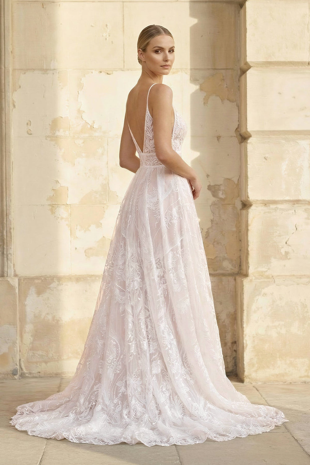 V Neck A Line Lace Wedding Dress in White and Nude
