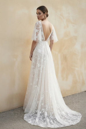 V Neck A Line Lace Wedding Dress in White and Nude - KISS BRIDAL Wedding Dresses