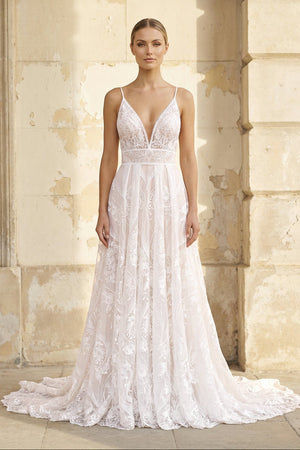 V Neck A Line Lace Wedding Dress in White and Nude - KISS BRIDAL Wedding Dresses