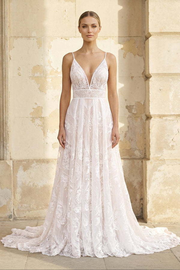 V Neck A Line Lace Wedding Dress in White and Nude - KISS BRIDAL Wedding Dresses