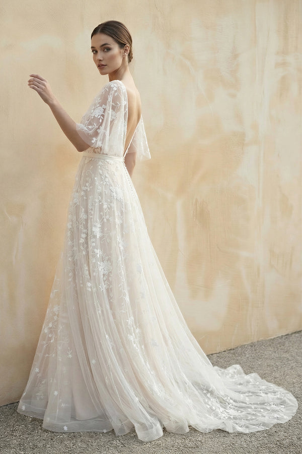 V Neck A Line Lace Wedding Dress in White and Nude - KISS BRIDAL Wedding Dresses