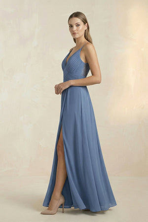 V-Neck A-Line Pleated Chiffon Bridesmaid Dress in Neptune - KISS BRIDAL BRIDESMAID DRESSES