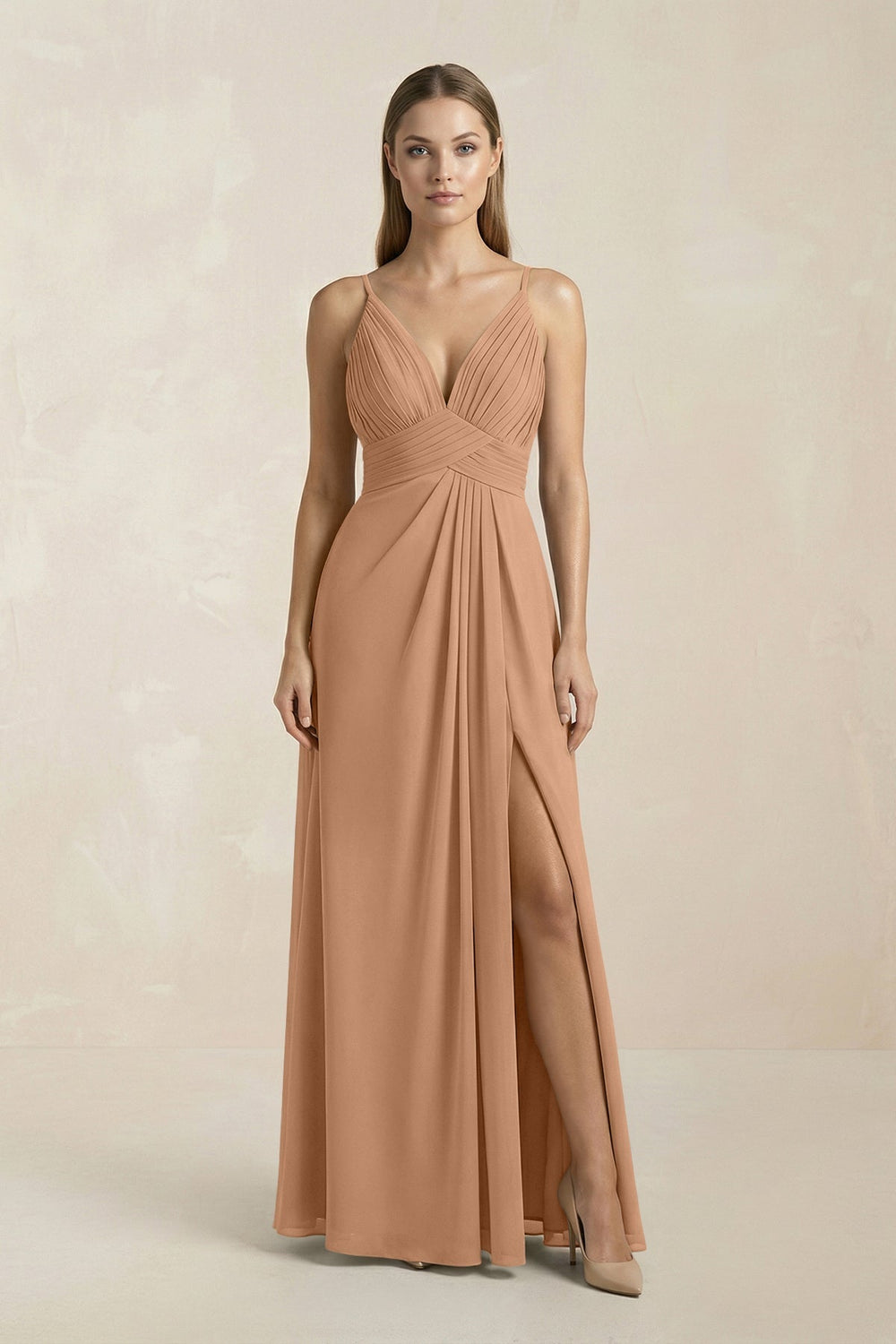 V-Neck A-Line Pleated Chiffon Bridesmaid Dress in Bronzer