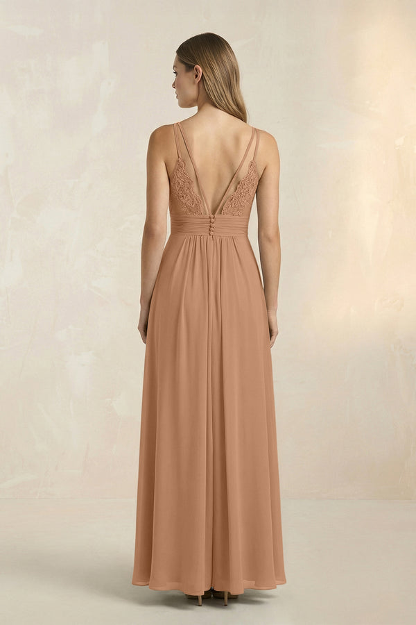 V - Neck A - Line Pleated Chiffon Bridesmaid Dress in Bronzer - KISS BRIDAL Bridesmaid Dresses