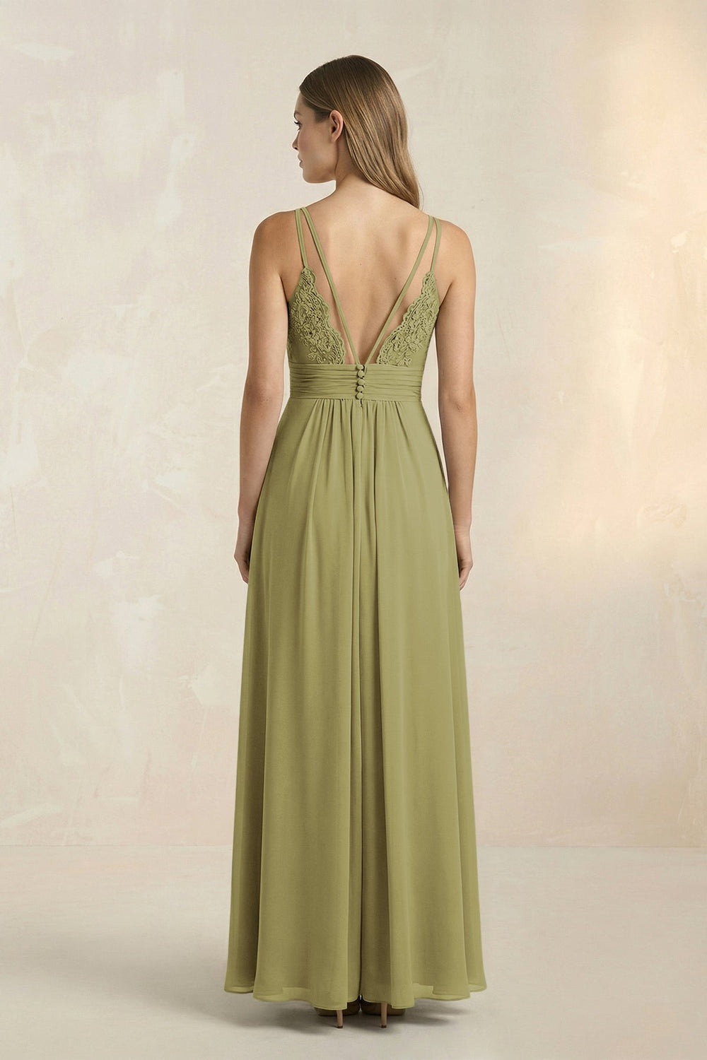 V-Neck A-Line Pleated Chiffon Bridesmaid Dress in Moss Green