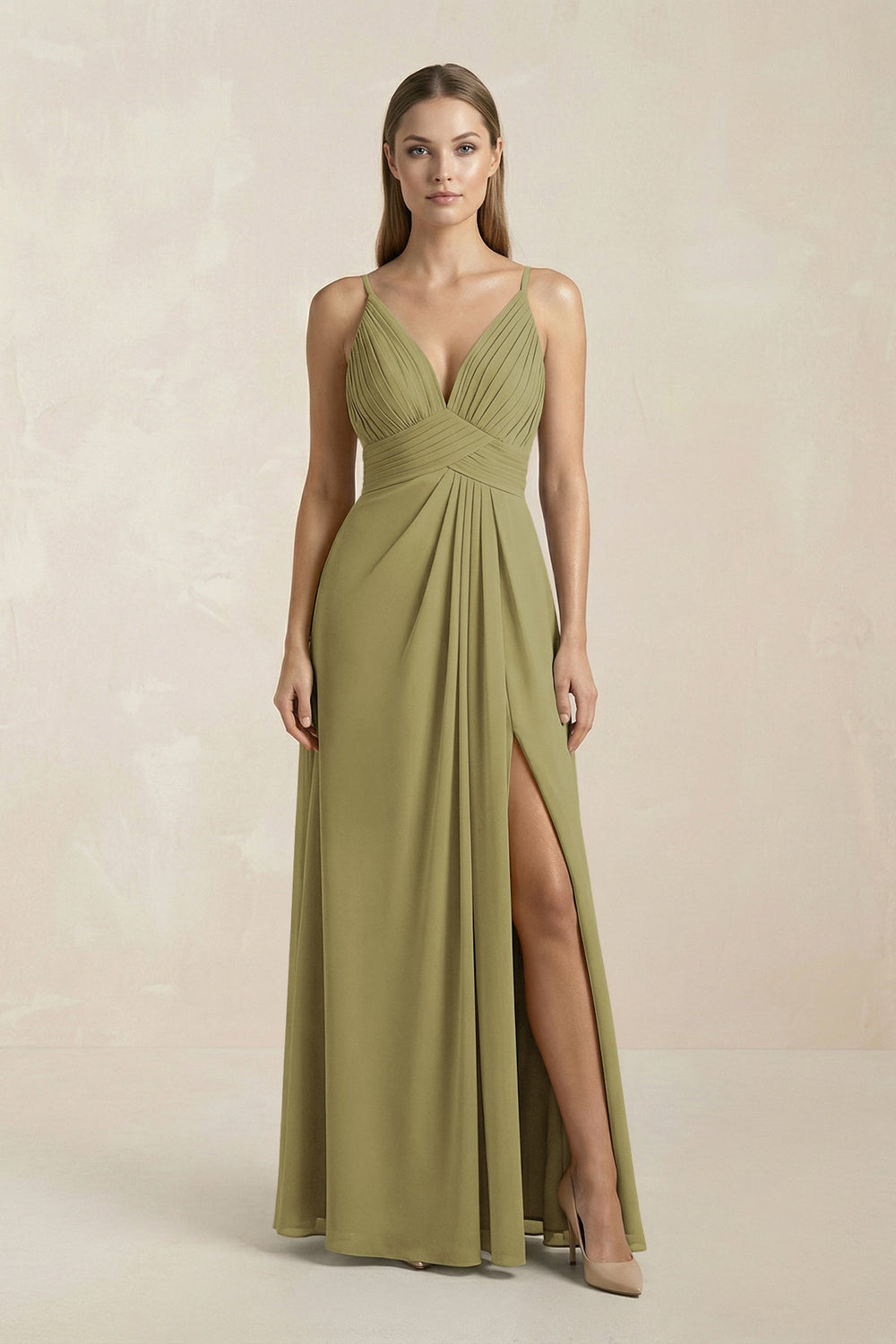 V-Neck A-Line Pleated Chiffon Bridesmaid Dress in Moss Green