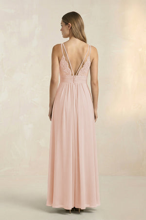 V - Neck A - Line Pleated Chiffon Bridesmaid Dress in Pale Blush - KISS BRIDAL Bridesmaid Dresses