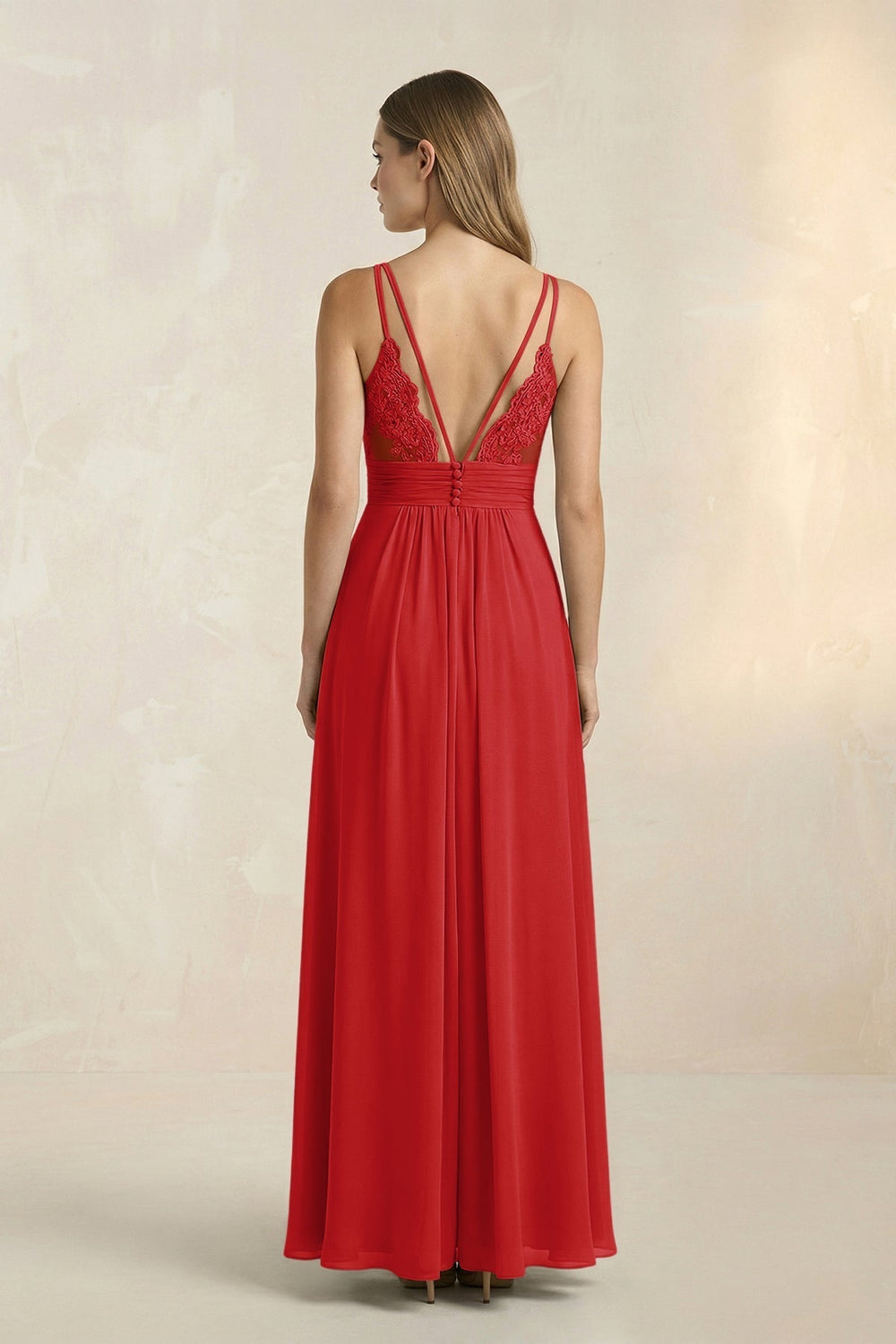 V-Neck A-Line Pleated Chiffon Bridesmaid Dress in Ruby Red