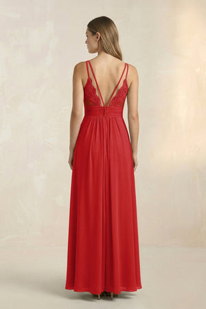 V - Neck A - Line Pleated Chiffon Bridesmaid Dress in Ruby Red - KISS BRIDAL Bridesmaid Dresses