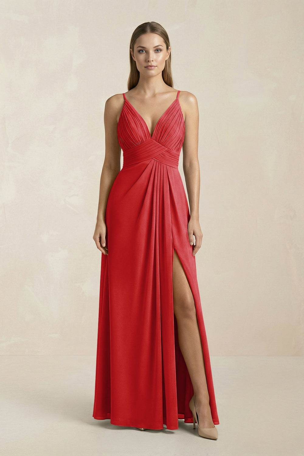 V-Neck A-Line Pleated Chiffon Bridesmaid Dress in Ruby Red