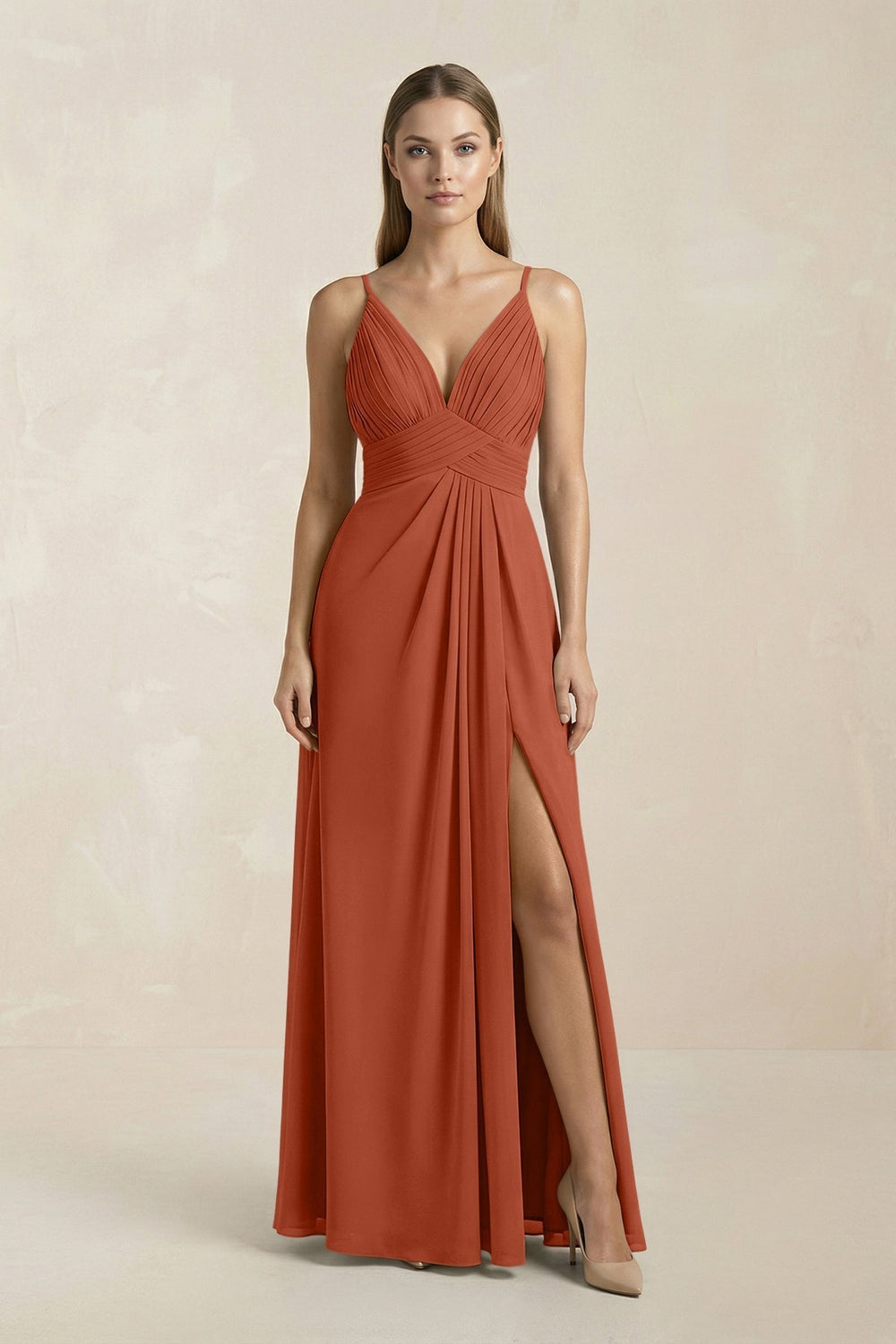 V-Neck A-Line Pleated Chiffon Bridesmaid Dress in Spice