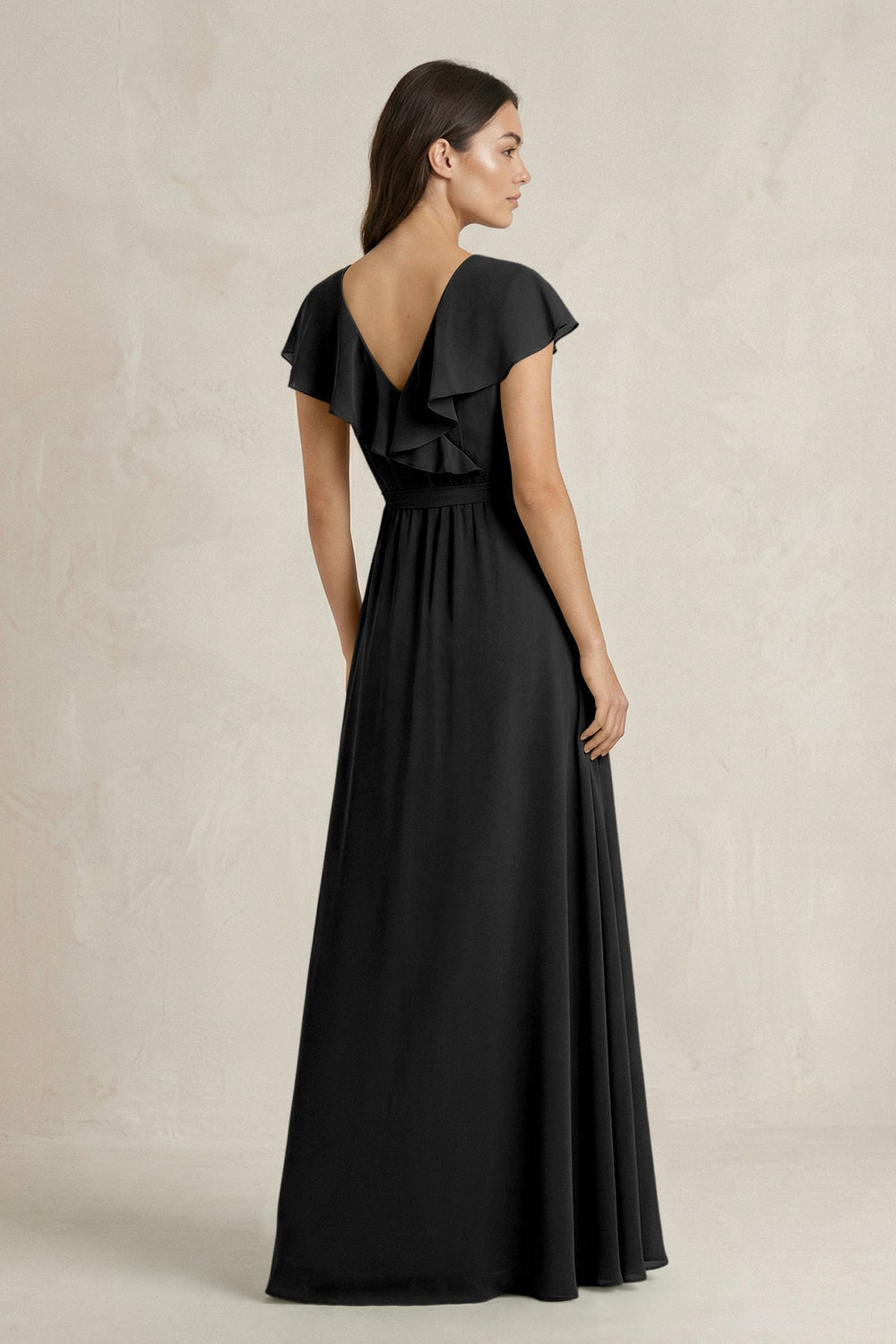 V-Neck A-Line Ruffled Chiffon Bridesmaid Dress With Bow  in Black