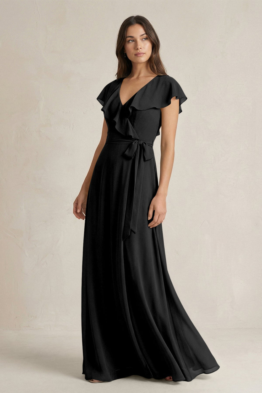 V-Neck A-Line Ruffled Chiffon Bridesmaid Dress With Bow  in Black