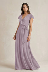 V-Neck A-Line Ruffled Chiffon Bridesmaid Dress With Bow  in Dusk | KISSBRIDAL