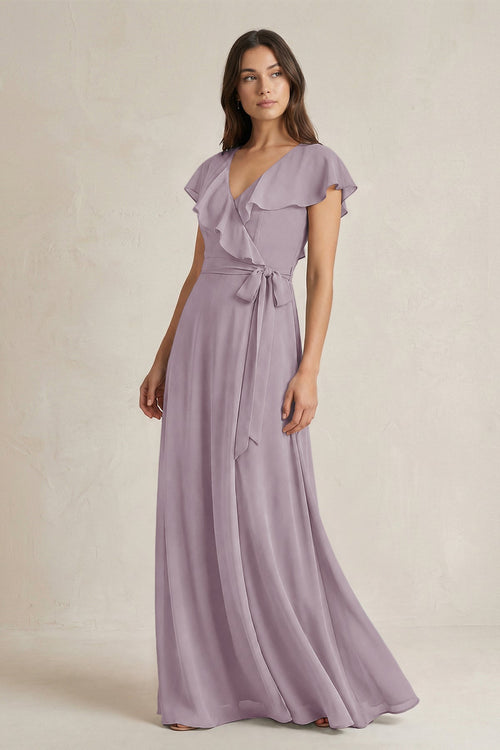 V-Neck A-Line Ruffled Chiffon Bridesmaid Dress With Bow  in Dusk | KISSBRIDAL