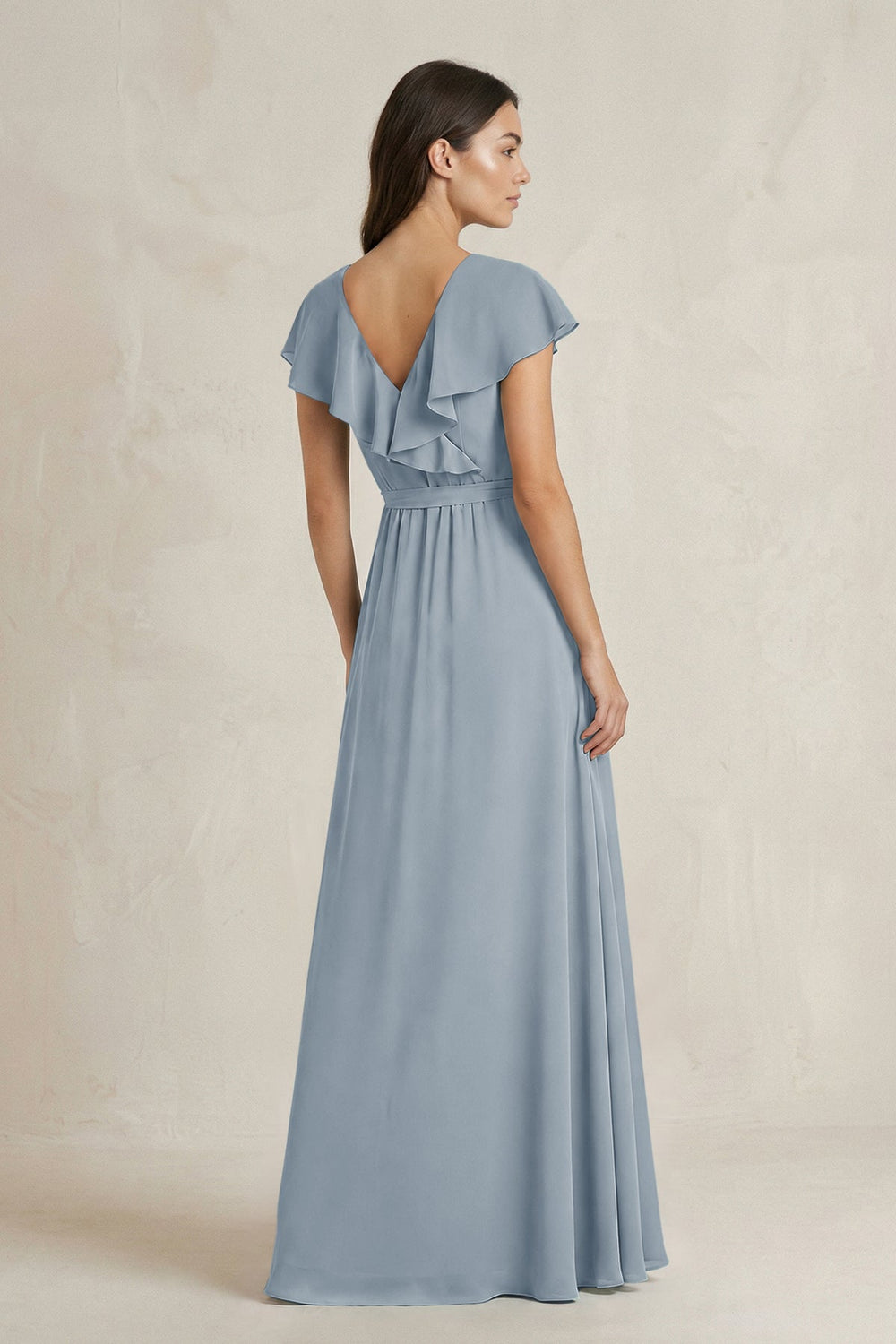 V-Neck A-Line Ruffled Chiffon Bridesmaid Dress With Bow in Dusty Blue