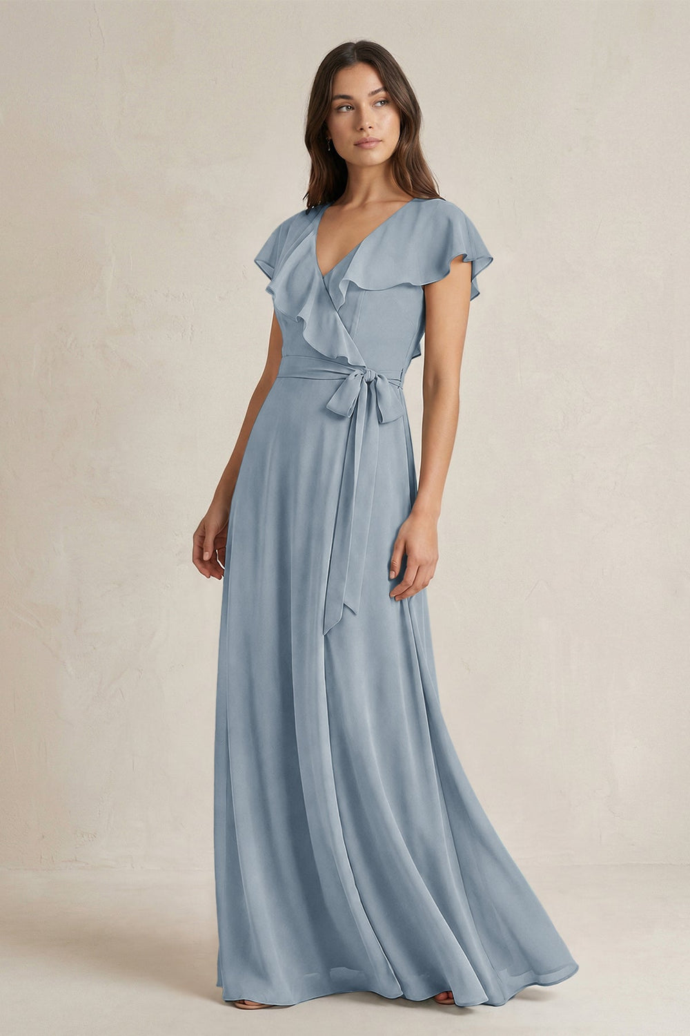 V-Neck A-Line Ruffled Chiffon Bridesmaid Dress With Bow in Dusty Blue
