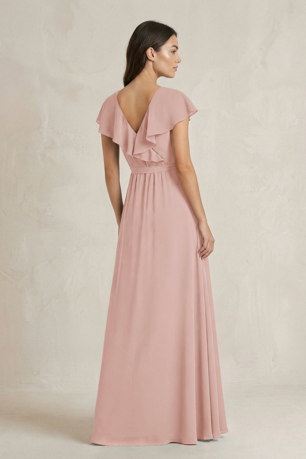 V-Neck A-Line Ruffled Chiffon Bridesmaid Dress With Bow in English Rose
