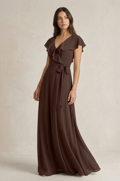 V - Neck A - Line Ruffled Chiffon Bridesmaid Dress With Bow in Espresso - KISS BRIDAL Bridesmaid Dresses