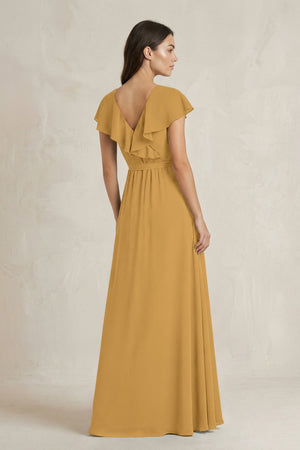 V-Neck A-Line Ruffled Chiffon Bridesmaid Dress With Bow  in Marigold (2) | KISSBRIDAL