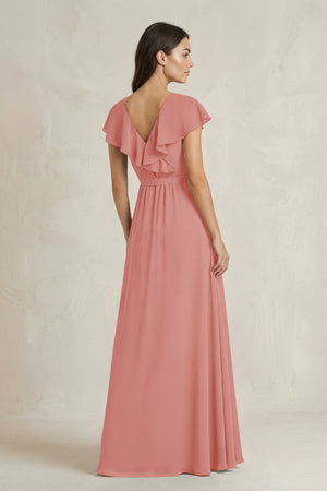 V-Neck A-Line Ruffled Chiffon Bridesmaid Dress With Bow  in Mulberry (2) | KISSBRIDAL