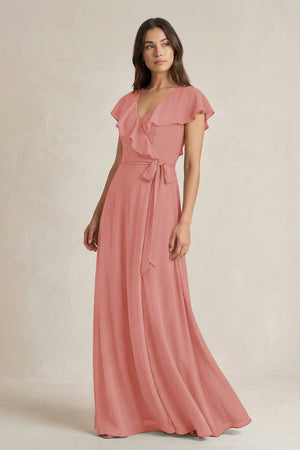 V-Neck A-Line Ruffled Chiffon Bridesmaid Dress With Bow  in Mulberry | KISSBRIDAL