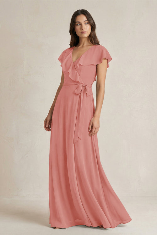 V-Neck A-Line Ruffled Chiffon Bridesmaid Dress With Bow  in Mulberry | KISSBRIDAL