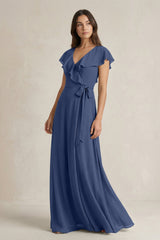 V - Neck A - Line Ruffled Chiffon Bridesmaid Dress With Bow in Navy - KISS BRIDAL Bridesmaid Dresses