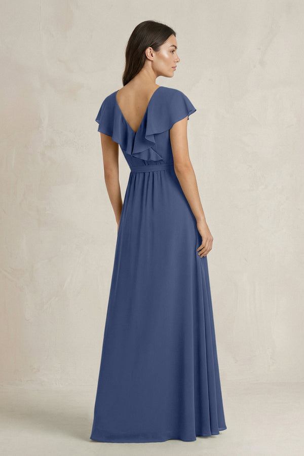 V - Neck A - Line Ruffled Chiffon Bridesmaid Dress With Bow in Navy - KISS BRIDAL Bridesmaid Dresses