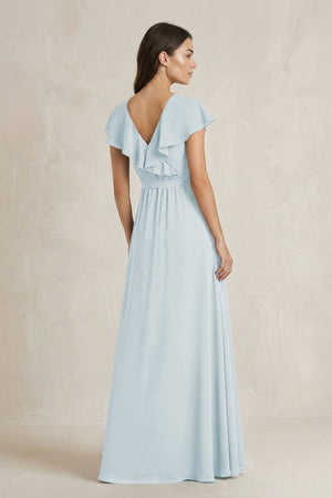 V-Neck A-Line Ruffled Chiffon Bridesmaid Dress With Bow  in Sky Blue (2) | KISSBRIDAL