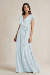 V-Neck A-Line Ruffled Chiffon Bridesmaid Dress With Bow  in Sky Blue | KISSBRIDAL