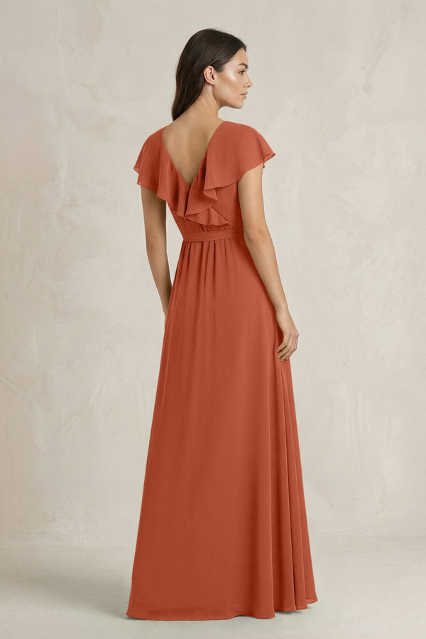 V - Neck A - Line Ruffled Chiffon Bridesmaid Dress With Bow in Spice - KISS BRIDAL Bridesmaid Dresses